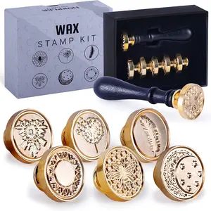 Hoppler Wax Seal Kit - 6 PCS Wax Seal Stamp Heads, 1 PC Wood Handle for Letter Sealing with Various Patterns for Gift Box Sealing