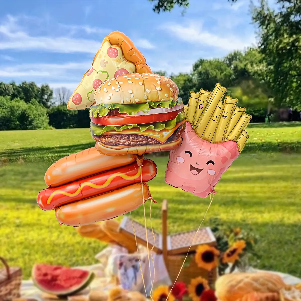 4-piece aluminum balloon set, Food Balloon, hamburger/pizza/hot dog/French fries theme party decoration, Balloon Party Supplies, birthday party, restaurant opening ceremony decoration, Balloon Decorations