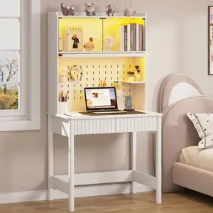 Dystler 31.5" Small Study Desk with - Drawer & Hutch,Computer Desk with Charging Station,Compact Writing Desk with LED Reading Lights,Home Office Desks for Small Spaces,Bedroom Study Room
