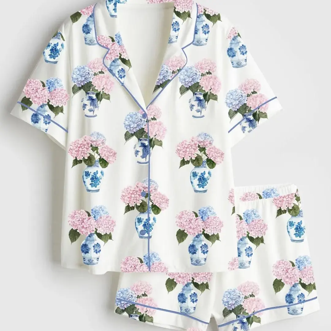 Pink Blue Hydrangea Chinoiserie Satin Pajama Set – Short Sleeve Sleepwear