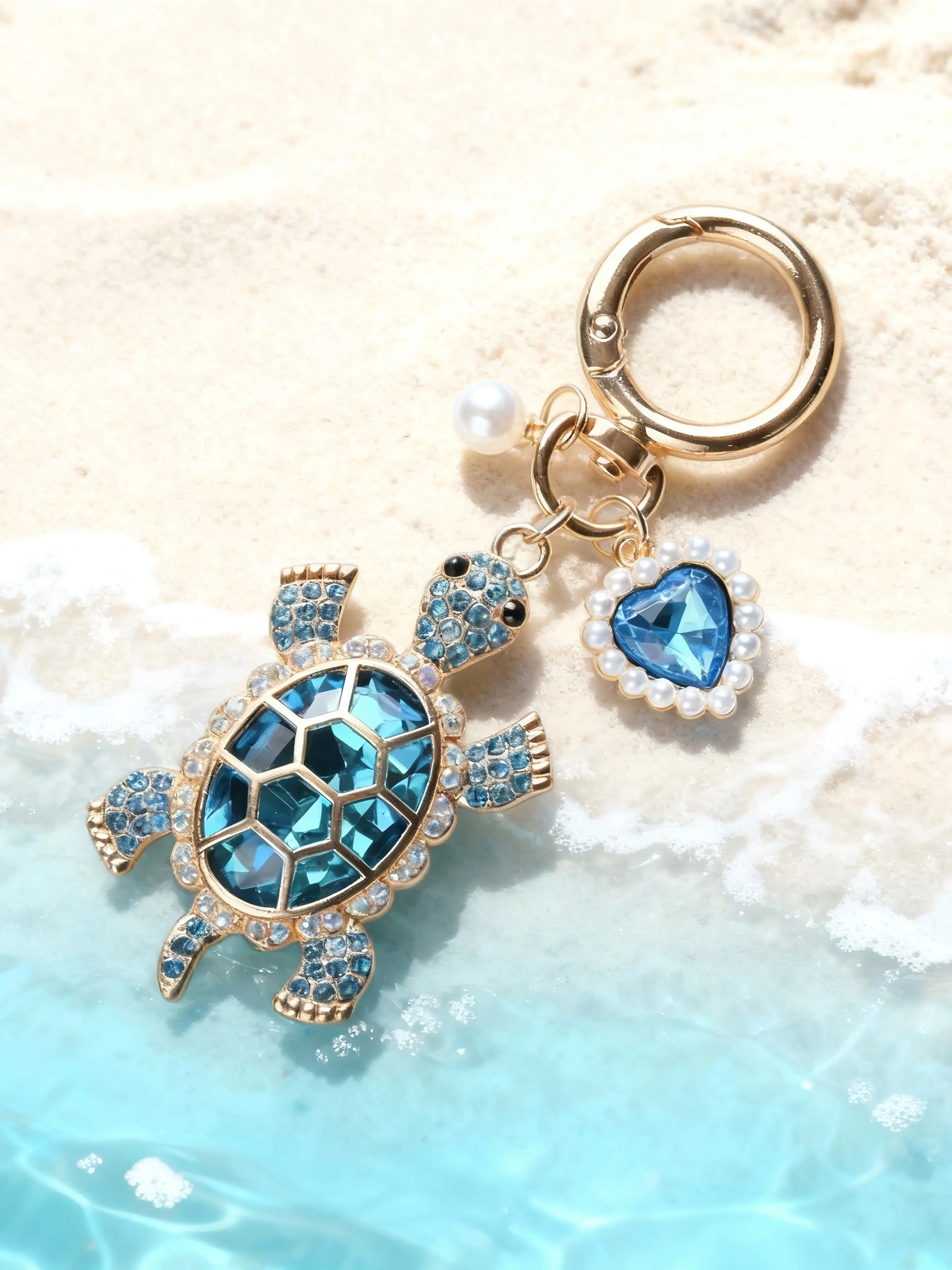 【Black Friday】Rhinestone Turtle Keychain, Crystal Sea Turtle Bag Charm with Faux Pearl Heart Pendant, Cute Key Ring for Women Purse Decor, Thanksgiving Christmas Gift for Her