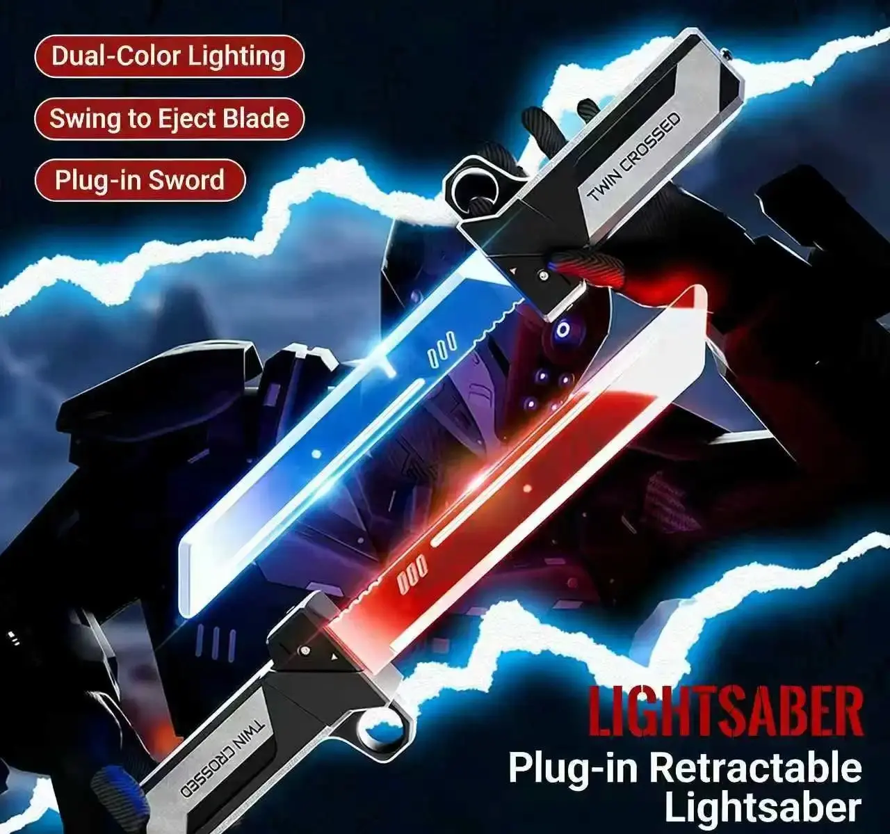2-in-1 Sturdy Double-Blade Glowing Lightsaber Stress Relief Toy, Interchangeable Hilts with Red & Blue LED Lights, Gravity Swing Retractable Telescopic , Unisex Cosplay Prop, Premium Birthday & Holiday Gift for Kids, Family and Friends