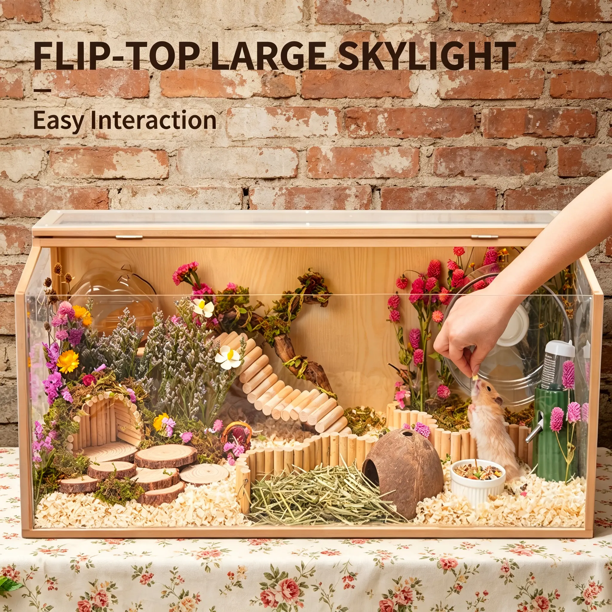 23.6" Large Wooden Hamster Cage | Clear View Enclosure with Slide-Out Tray & Flip-Top Lid Well-ventilated, safe and durable natural wood material