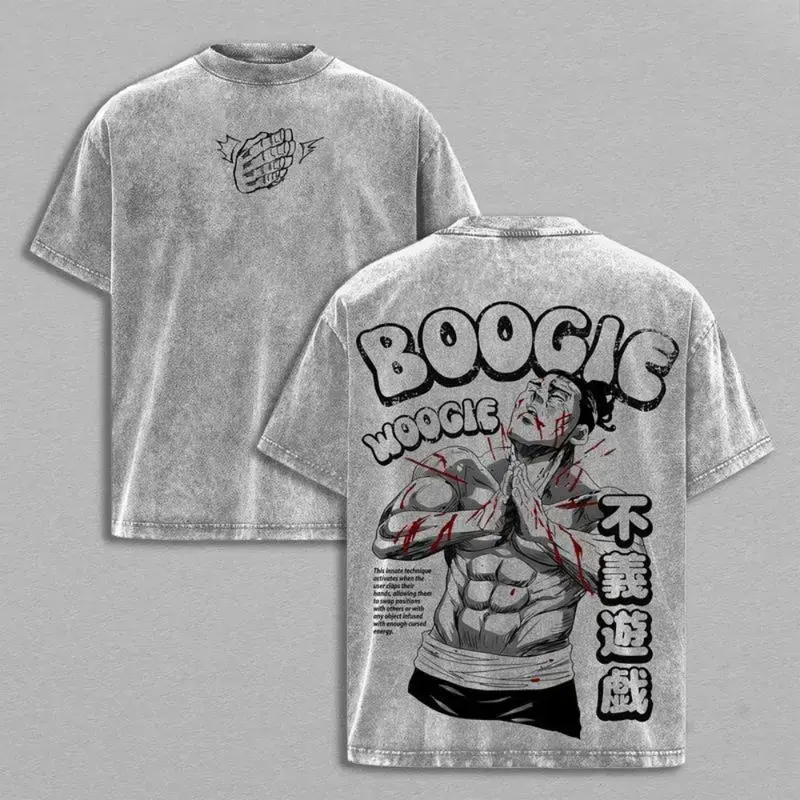Men's Jujutsu Kaisen Aoi Todo Boogie Woogie Washed Vintage Oversized Tee, Round Neck Ribbed Heavy Cotton Classic Fabric Menswear Apparel, Shibuya Incident Movie Execution Cursed Energy Battle Mode Sorcerer Power Pose Unisex Streetwear Merchandise