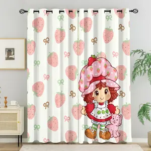 Cute Strawberry Hat Cartoon Girl Pink Strawberry Bow Print Window Drapes, Coquette Girly Y2K Retro Style Light Blocking Curtains, 85% (2 pieces) Gift for Strawberry Lovers & Coquette Girly Fans