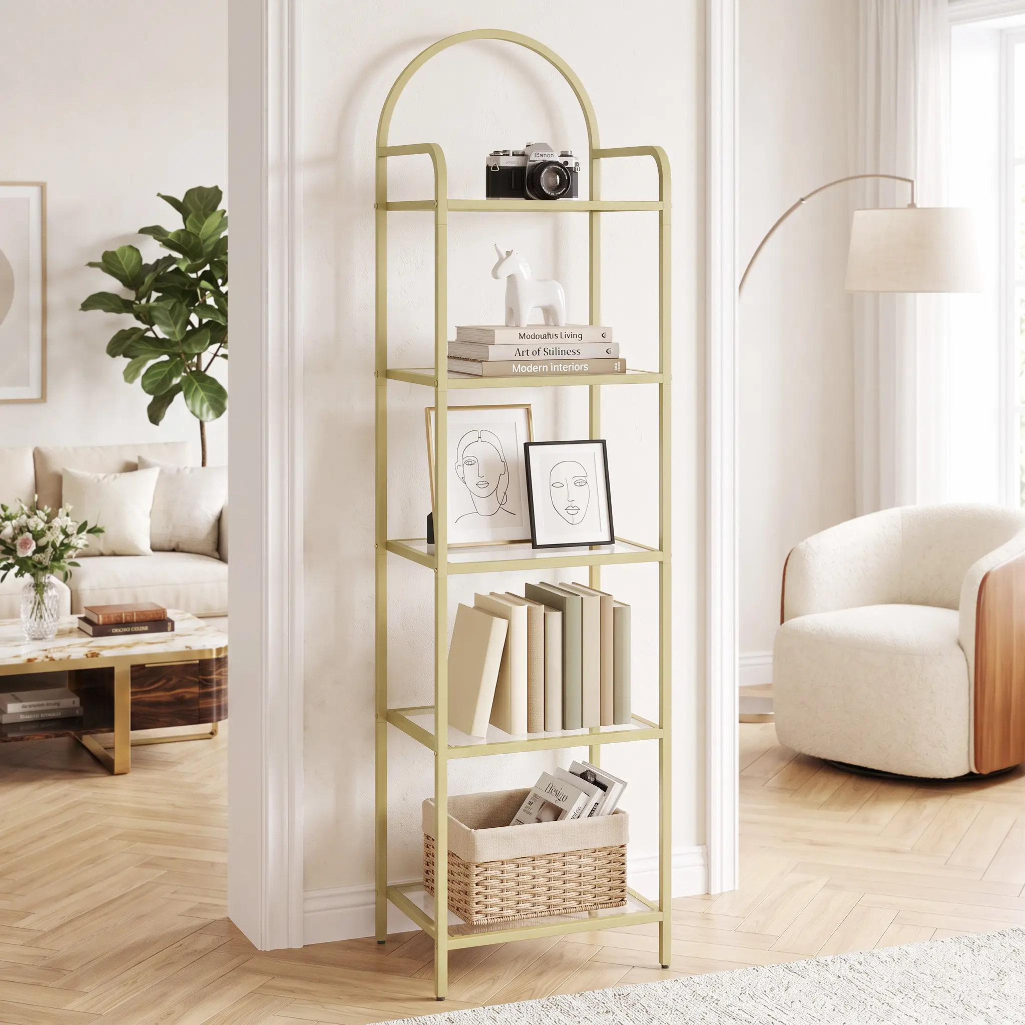 【Multiple Size Options】Hzuaneri Bookcase Bookshelf, Tempered Glass Bookshelves, Slim Shelving Unit for Bedroom, Bathroom, Home Office, Steel Frame