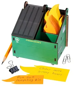Dumpster Desk Bin - A desktop waste bin to hold your office supplies. Includes 100 flame-shaped note cards!