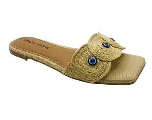 Boho Raffia Slide Sandals with Evil Eye Detail