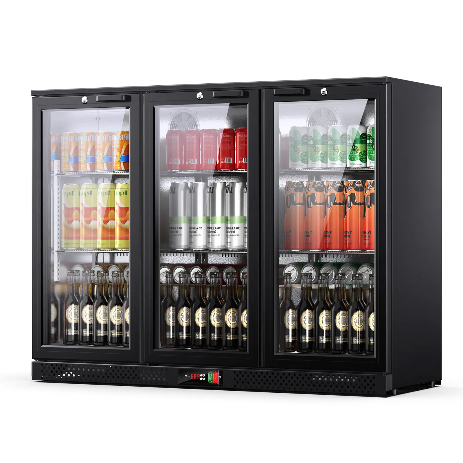 Upstreman 11.4 Cu.Ft Commercial Under Counter Back Bar Drink Fridge - 3 Lockable Double-Pane Low-E Glass Doors, Auto Defrost, Digital Temp Control, Fridge Chiller, Steel Body, LED Lights, Holds 112 Bottles, Commercial Refrigerators Display for Bars