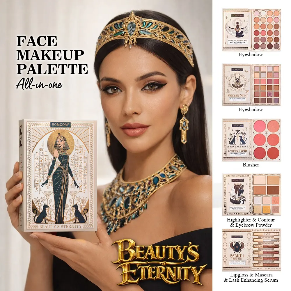 Ancient Egypt Themed All-in-One Makeup Set, 20-Color Eyeshadow Palette, Blush, Highlighter & Contour, Eyebrow Powder, Lip Gloss & Mascara, Cleopatra Patterned Beauty Gift Kit for Her, Face Makeup Set, Cosmetic