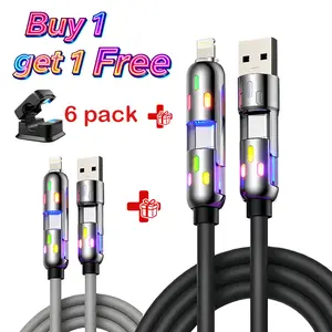 [Buy 1 get 1 Free] 6.6ft  4-in-1 USB-C Cable PD, with 6 pack Magnetic Cord Organizer Holder, Fast Charging Data Sync USB-A Type-C Lightning Aluminum Compatible Cellphone Smartphone Electronic Charger
