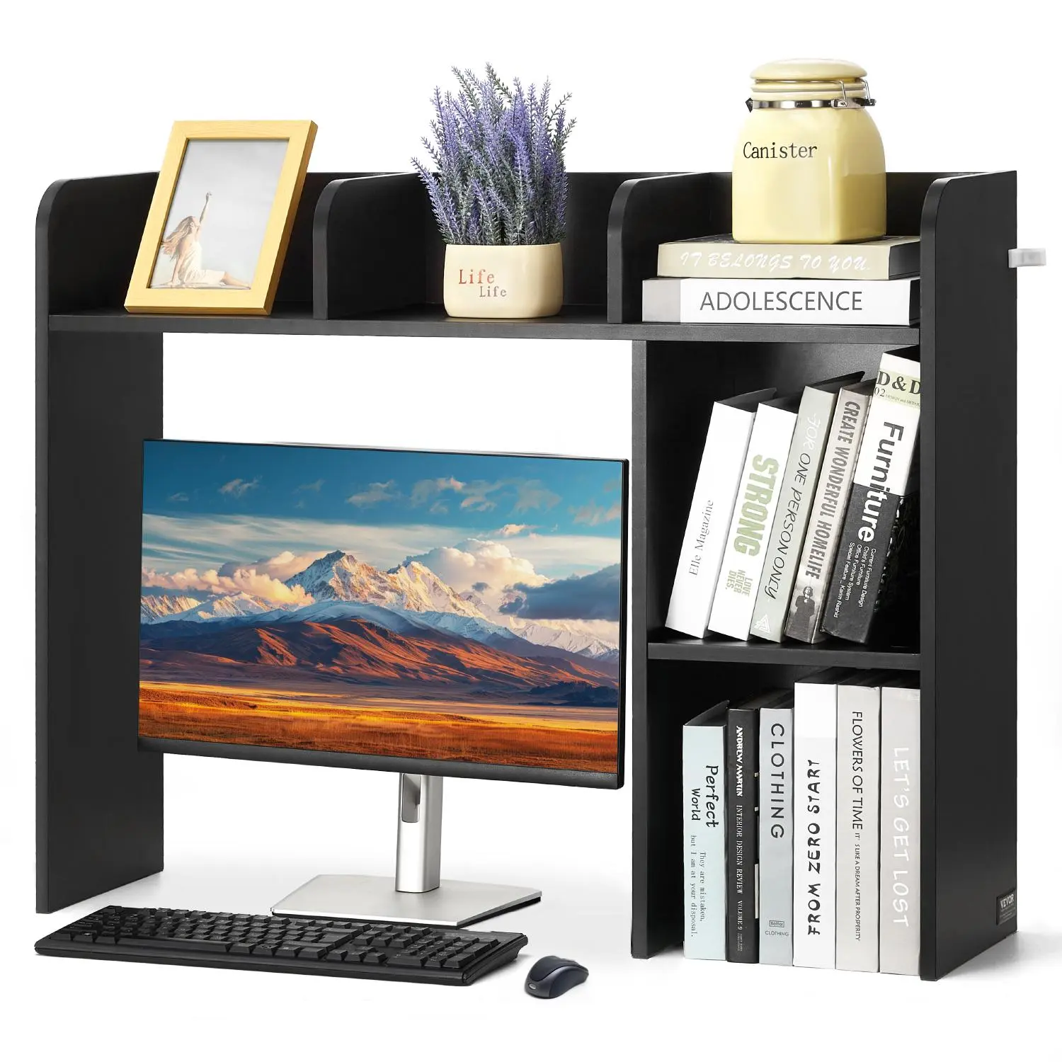 【summerfinds】VEVOR Desktop Bookshelf, 2-Tier Desktop Storage Organizer, 37.2" x 9.5" x 28.9" Office Storage Rack Wood Display Shelf, Desktop Bookshelf Hutch with Anti-Slip Feet Pads, for Office, Home & Dorm, Black