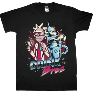 Futurama Bender Rick And Morty Drink Bros Black T-Shirt Vintage Casual Cotton Fabric Soft Menswear Top