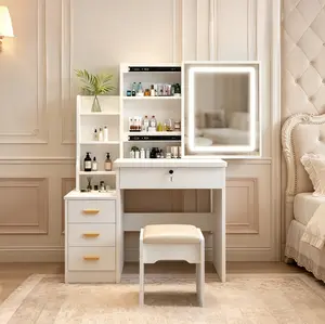 Women's White LED Makeup Vanity Desk with Mirror, Power Outlet, 3-Layer Jewelry Box, 4 Drawers, Open Shelves, 3 Color Modes - Adjustable Brightness Bedroom top glass
