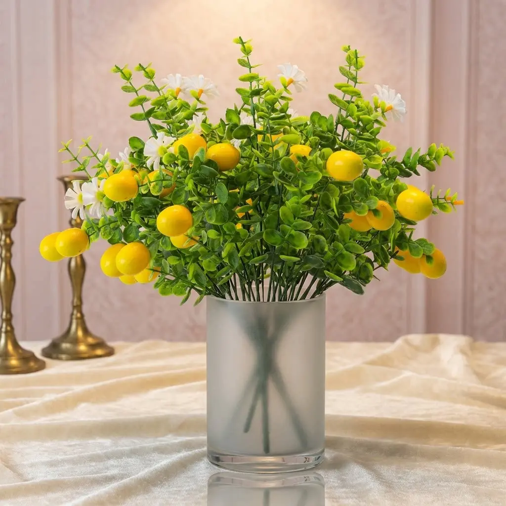 Artificial Daisy Plants with Fake Lemons & Strawberries, 4-Pack Faux Floral Bouquet for Weddings Parties, Home Decoration Bouquet, Home Kitchen Decor Artificial Flowers, Fake Decorative Flowers