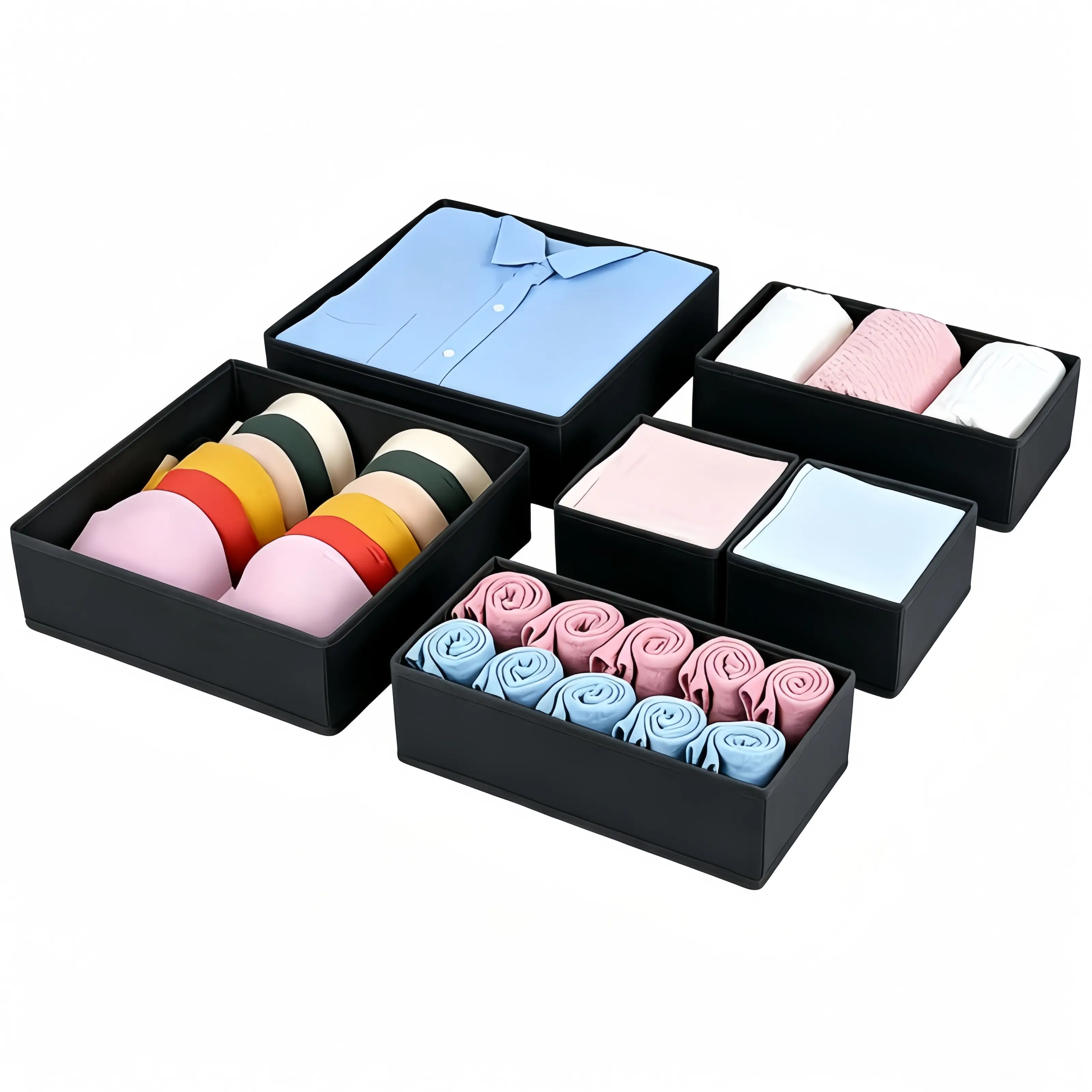 6-Compartment Fabric-Covered Foldable Stackable Non-Plastic Multi-Compartment Drawer Organizer for Socks, Underwear, Bras, Perfect for Dressers, Christmas & Mother’s Day Gifts, Multi-Compartment Storage Boxes