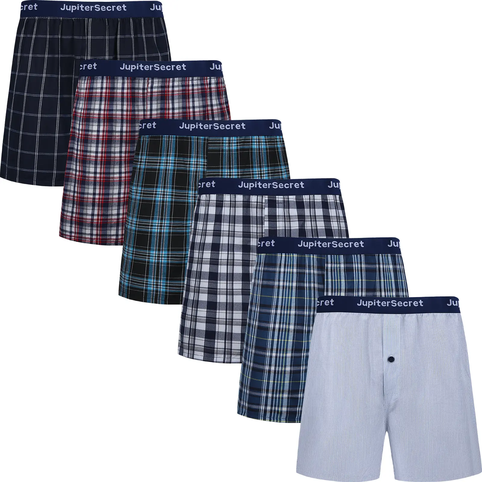 JupiterSecret 6-Pack/10-Pack Men's Plaid Woven Boxer Shorts Underwear, Breathable Cotton Blend, Button Fly, Elastic Waistband, Assorted Colors