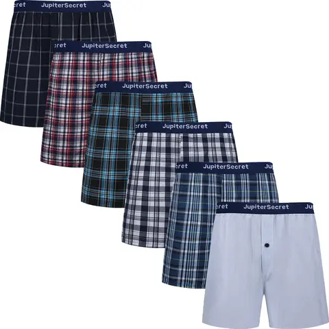 JupiterSecret 6-Pack/10-Pack Men's Plaid Woven Boxer Shorts Underwear, Breathable Cotton Blend, Button Fly, Elastic Waistband, Assorted Colors