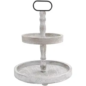 Farmhouse 2 Tiered Tray Stand for  Decor, Wooden Serving Tiered Tray for Coffee Bar Table Centerpiece, Decorative Trays Kit for Countryside, Round Rustic Stand for Cake Cupcake(White)