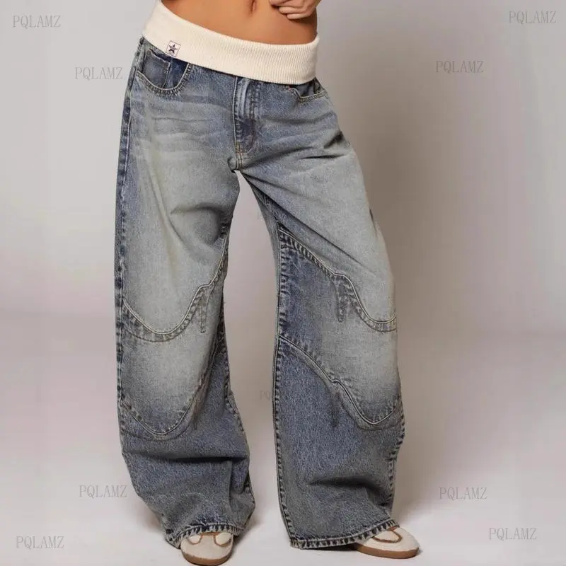 Women's Jeans Pants Fashion Loose Fit Casual Low Rise Denim Pants Y2K Retro Streetwear Vintage American