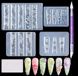 Laza 4pcs Silicone Nail Art Molds, Acrylic 3D Spring Summer Flower Nail Charms Molds Clear Modeling Templates Silicone Flowers Pattern Nail Tools with Sculpture Pen for Salon Nail Design
