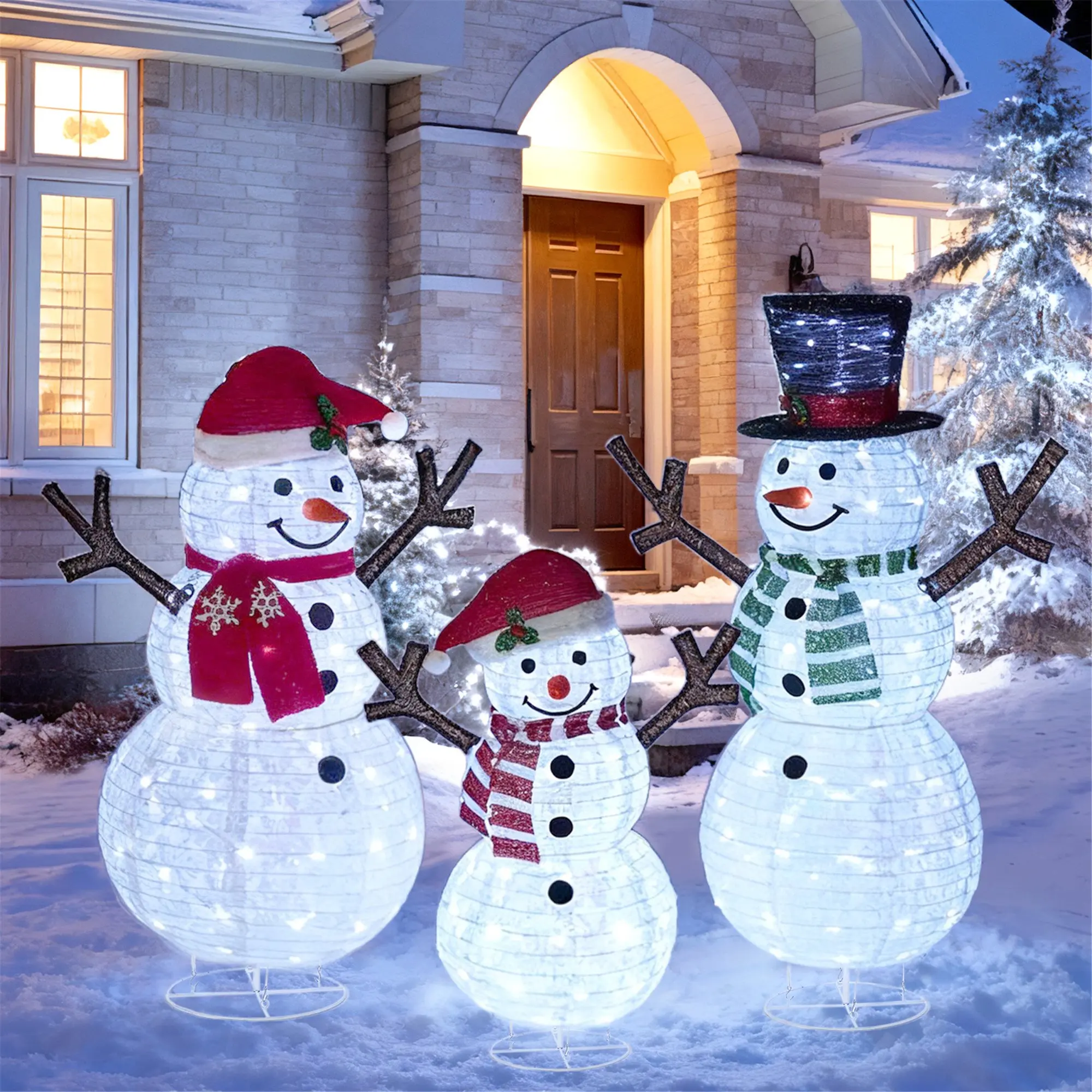 FOOWIN 3Pcs 3D LED Lighted Pop-Up Christmas Snowman 3D Family Trio Set - 4ft Indoor/Outdoor Holiday Home Ornaments, Santa-Themed Mother-Father Designs, Hat Accents, Tinsel Fabric, Easy Install Instant Winter Wonderland Party Decor Gift
