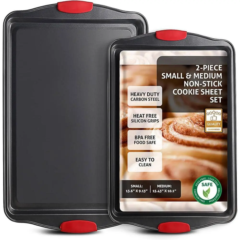 2-Piece Black Steel Nonstick Large and Medium Baking Cookie Sheet Set w/Silicone Handles