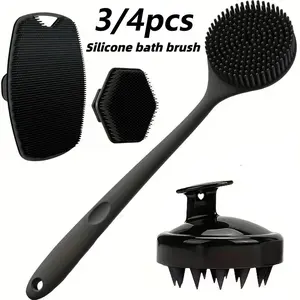 3/4pcs shower brush set, Silicone bath brush, used for back, face, body massage, long handle body brush, silicone soft bristles, skin cleansing effectively removes dead skin, non slip grip, Bathroom Accessory