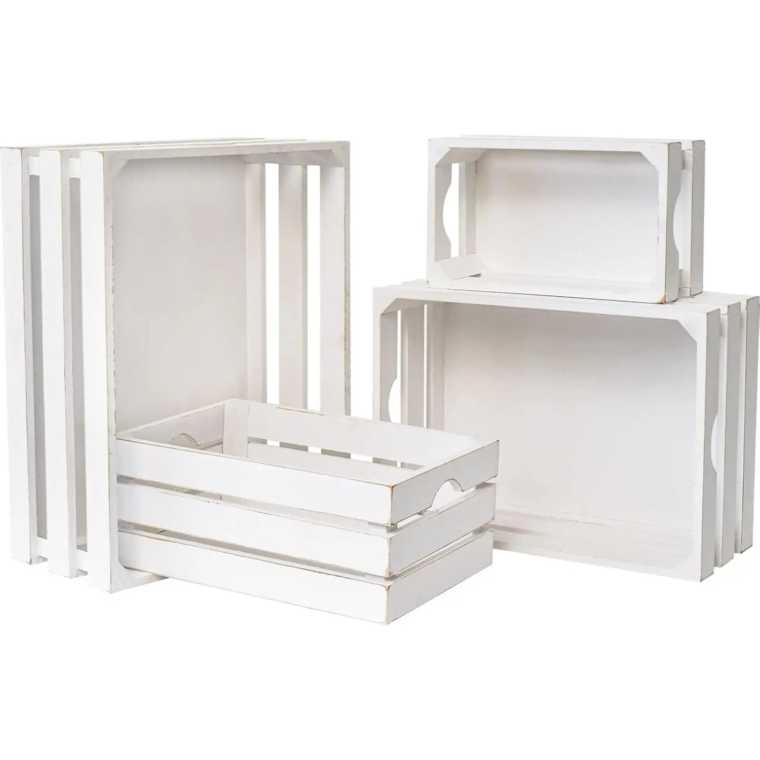4-Piece Large Durable Wooden Crate Organizer Containers Set - Modern Rustic Whitewashed Rectangular Farmhouse Storage Boxes with Handles, Large (14”x10”x5.5”) & Small (10”x6”x4”) for Kitchen, Living Room Organization