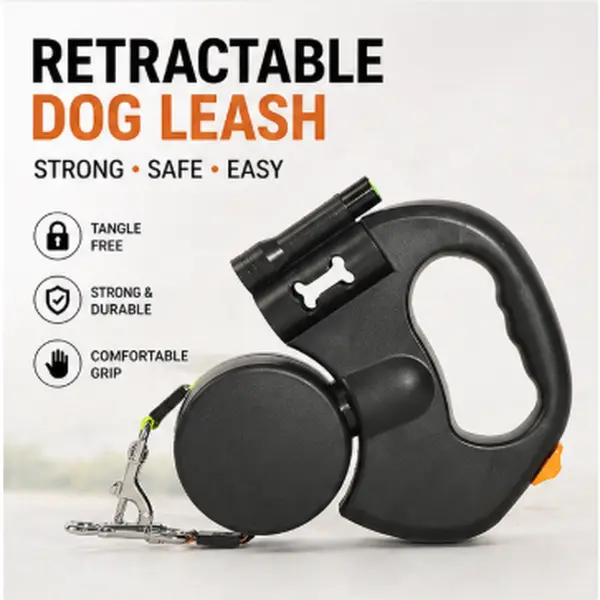 2026 Upgraded Dual Head Retractable Dog Leash - 360° Swivel Tangle-Free Lead with All-Round Reflective Strap, Stainless Steel Anti-Rust Hook, Waste Bag Dispenser for Small-Large Dogs Hands-Free Safe Night Walks Black, Dual-Leash, Built-In Poop Bag Dispens