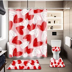 1/4-piece Valentine's Day themed romantic shower curtain set, including a non-slip mat, U-shaped rug, and toilet seat cover. Perfect for bathroom decoration, partitioning, and beautifying the space. Comes with 12 shower curtain hooks.