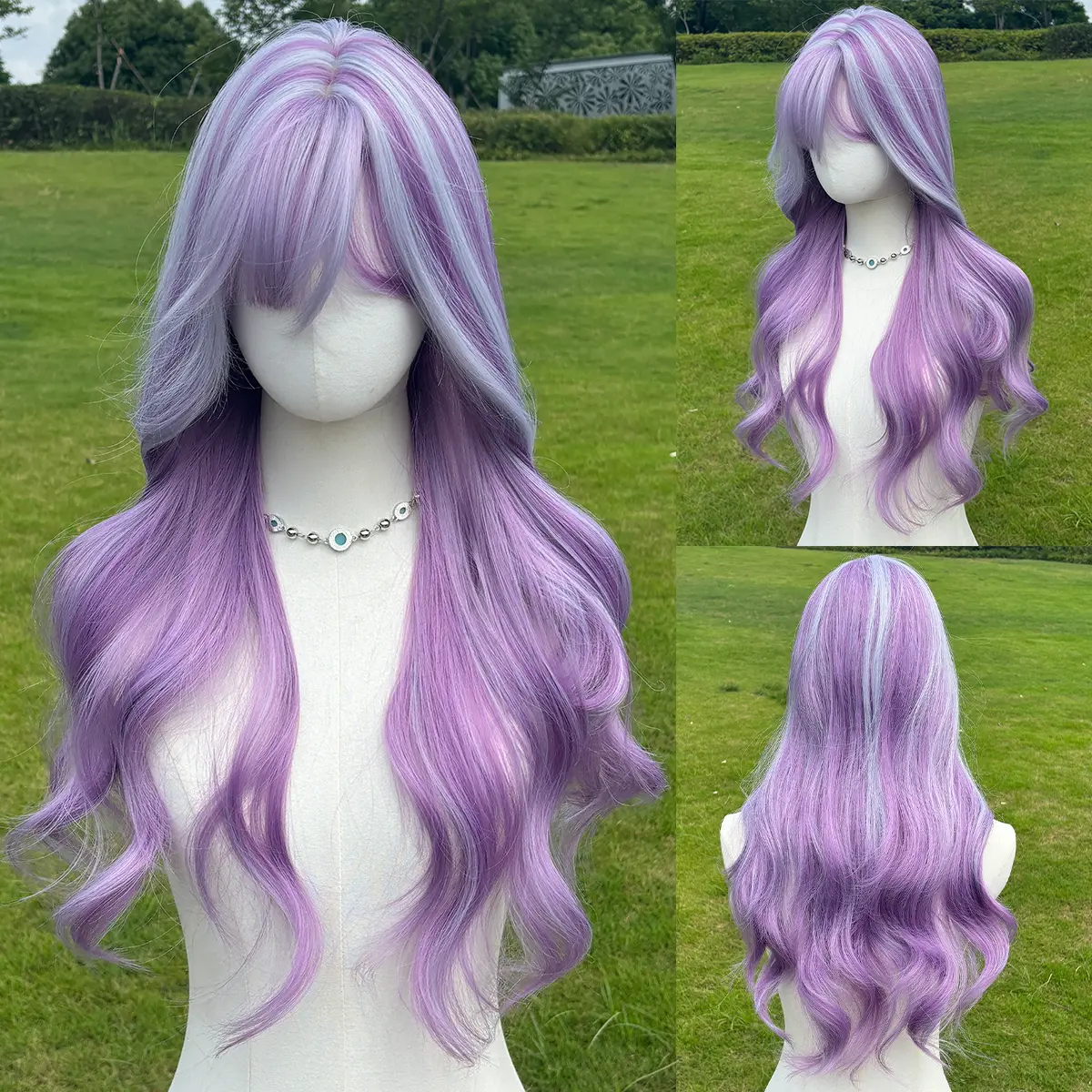 SMILCO 26Inch Highlight Purple With Platinum Long Curly With Bangs Synthetic Wig SM516