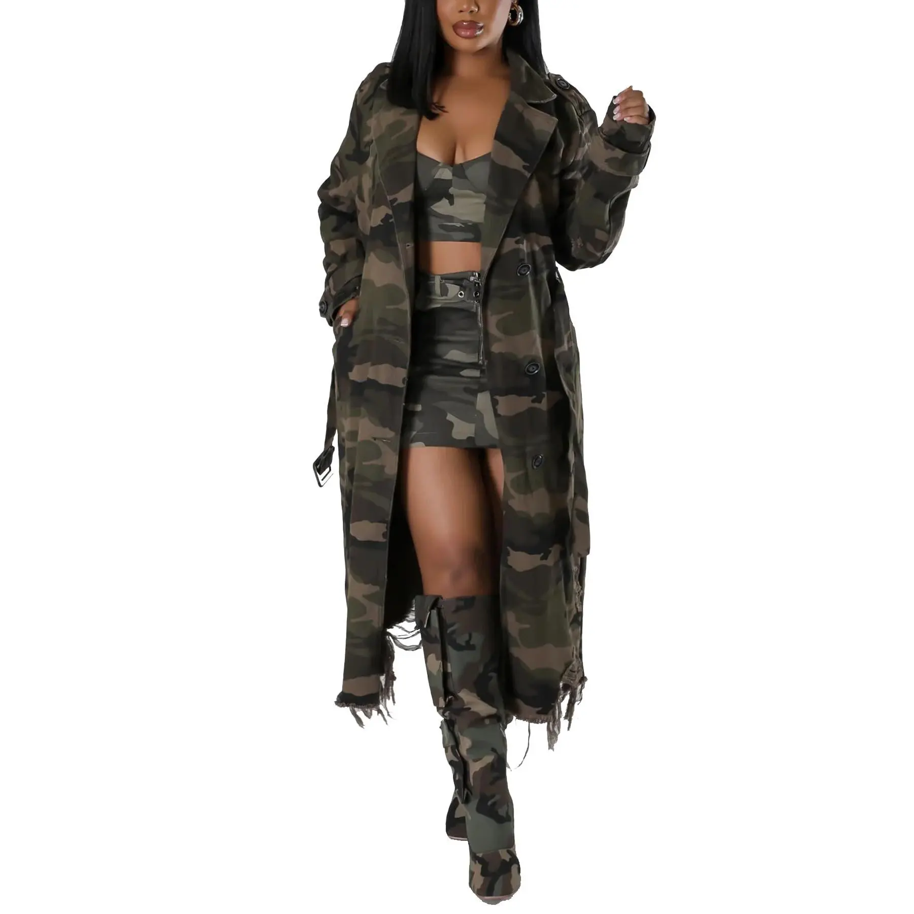 Tbahhir Long Camo Trench Coat for Women Long Sleeve Lapel Distressed Camouflage Army Fatigue Jacket Overcoat with Belt