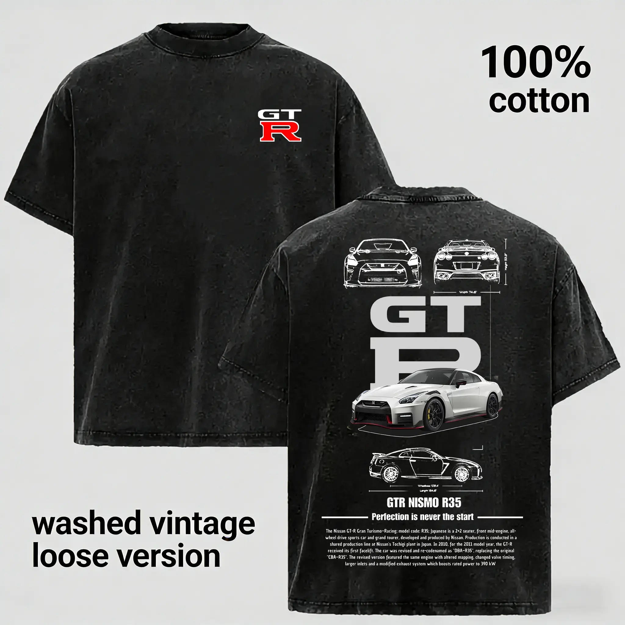 Vintage Washed GTR R35 Graphic T-Shirt | JDM Racing Culture Streetwear | Y2K Unisex Cotton Casual Tee for Men, Women & Couples Aesthetic Menswear