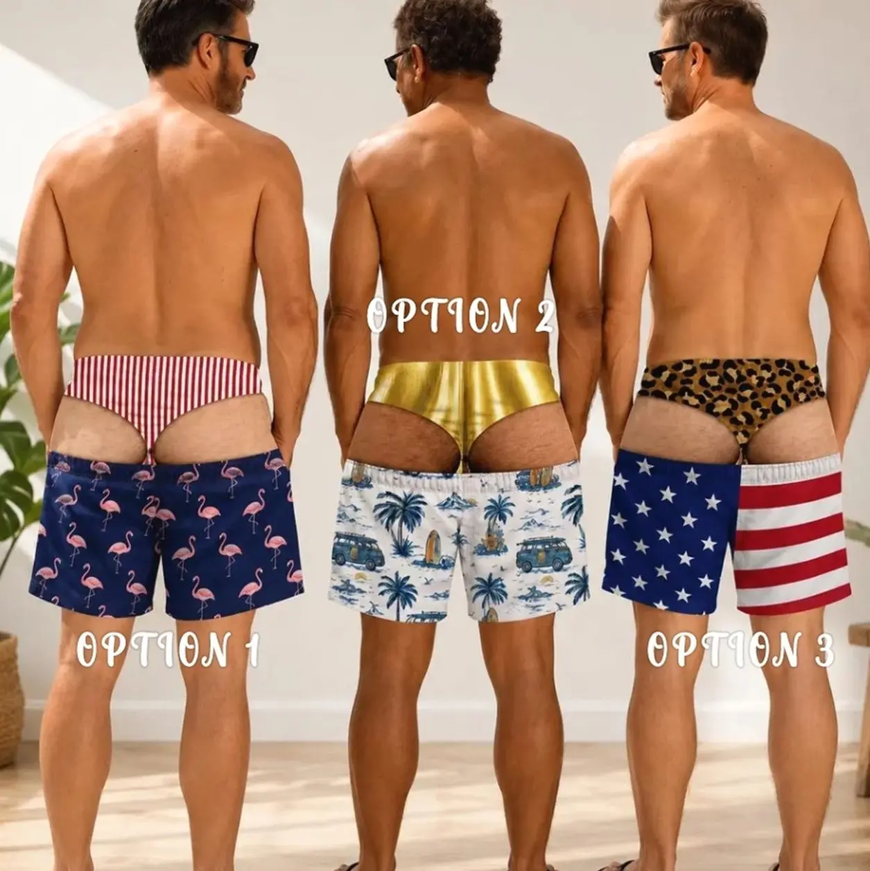 Funny Peekaboo Swim Trunks for Men, 3D Butt Reveal Beach Shorts, Novelty Cheeky Swimwear, Bachelor Party Gift, Gag Pool Shorts, Tropical Vacation Beachwear, Men's Summer Swim Trunks
