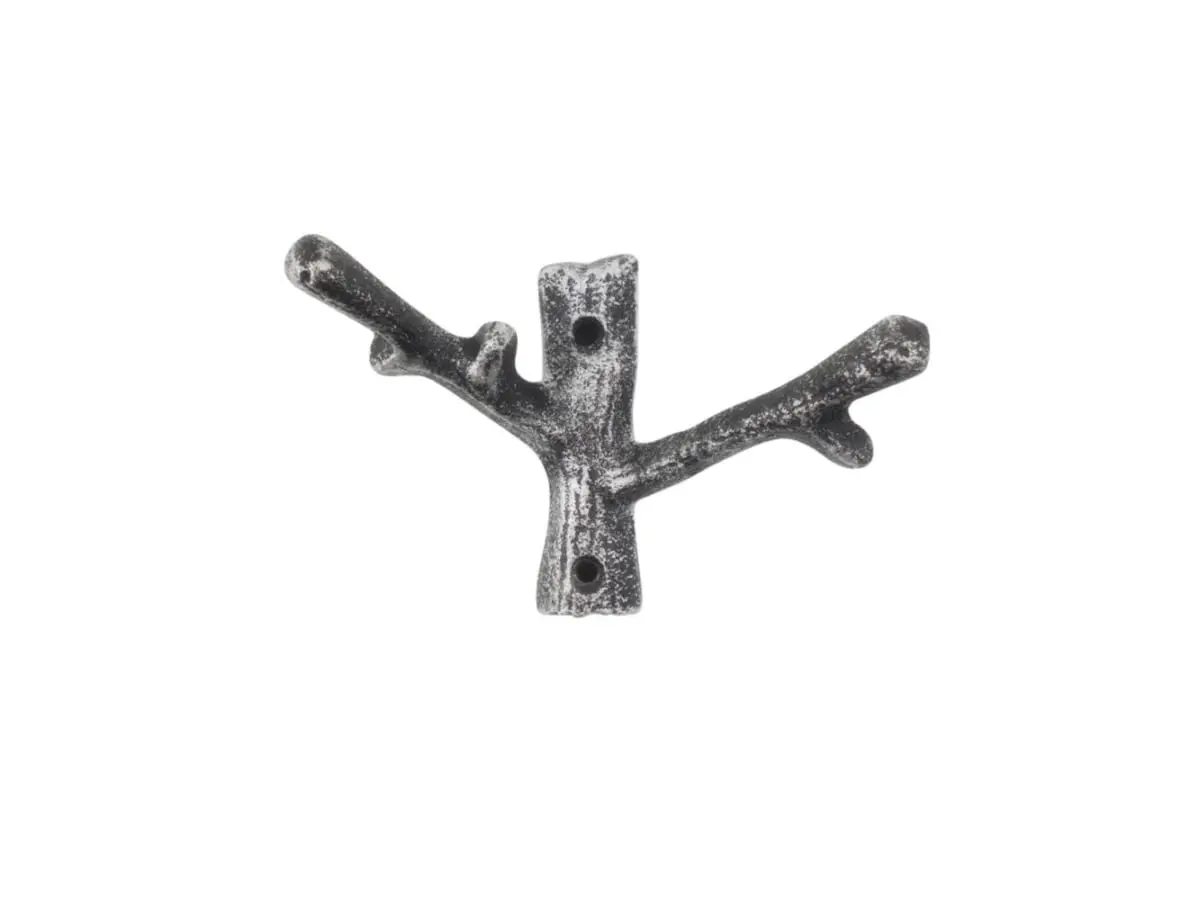 5 x 2 x 3.5 in. Rustic Silver Cast Iron Forked Tree Branch Decorative Metal Double Wall Hooks