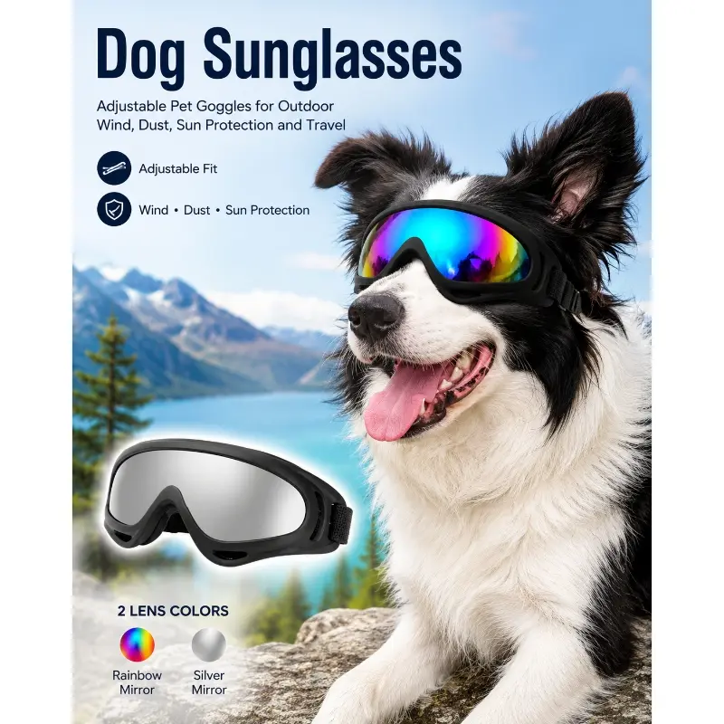 Dog Sunglasses, Adjustable Pet Goggles for Outdoor Wind, Dust, Sun Protection and Travel, Outside