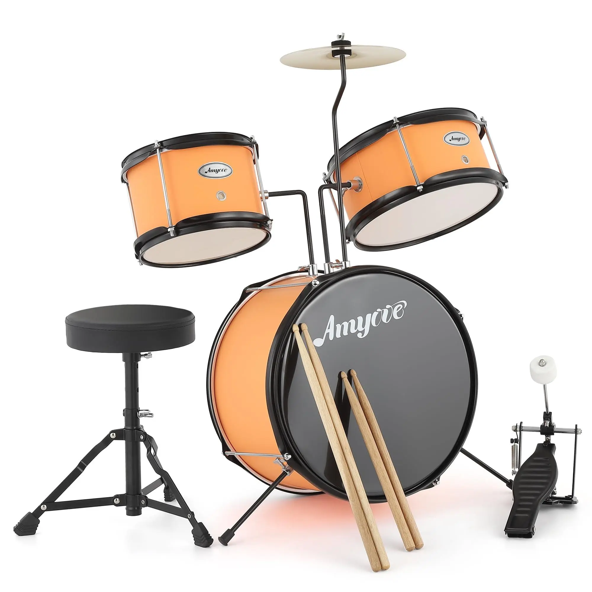 3-Piece Electronic Drum Set for Beginner Children - Includes Cymbal, Tom, Bass Drum with Pedal, Drumsticks, and Adjustable Stool. Musical Percussion Kit for Boys and Girls,Orange