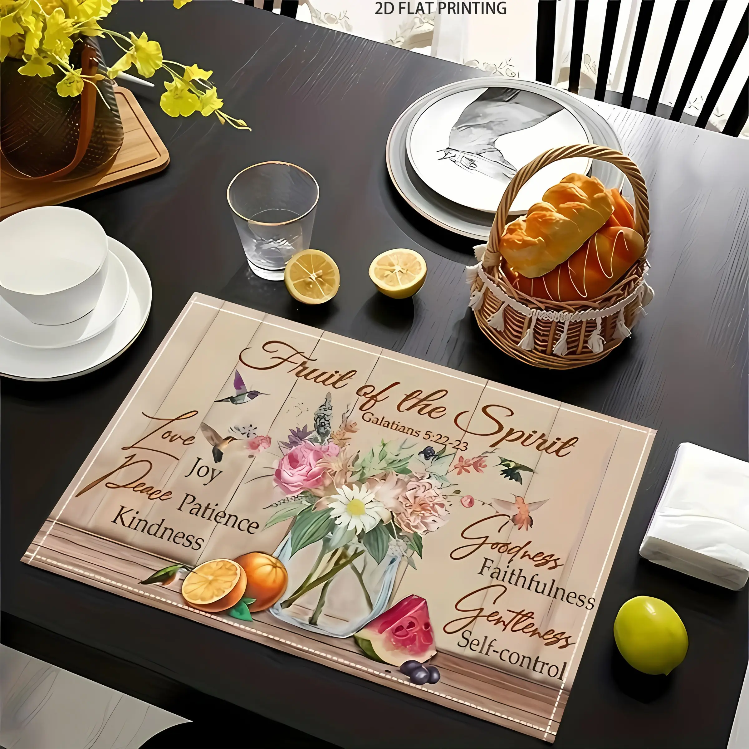 2D flat printing, 2-piece/4-piece/6-piece/8-piece set of rustic linen placemats, retro style "spiritual fruit", hummingbird and floral design, elegant kitchen table mats for indoor and outdoor use, room decoration, Kitchen Decorative Placemat