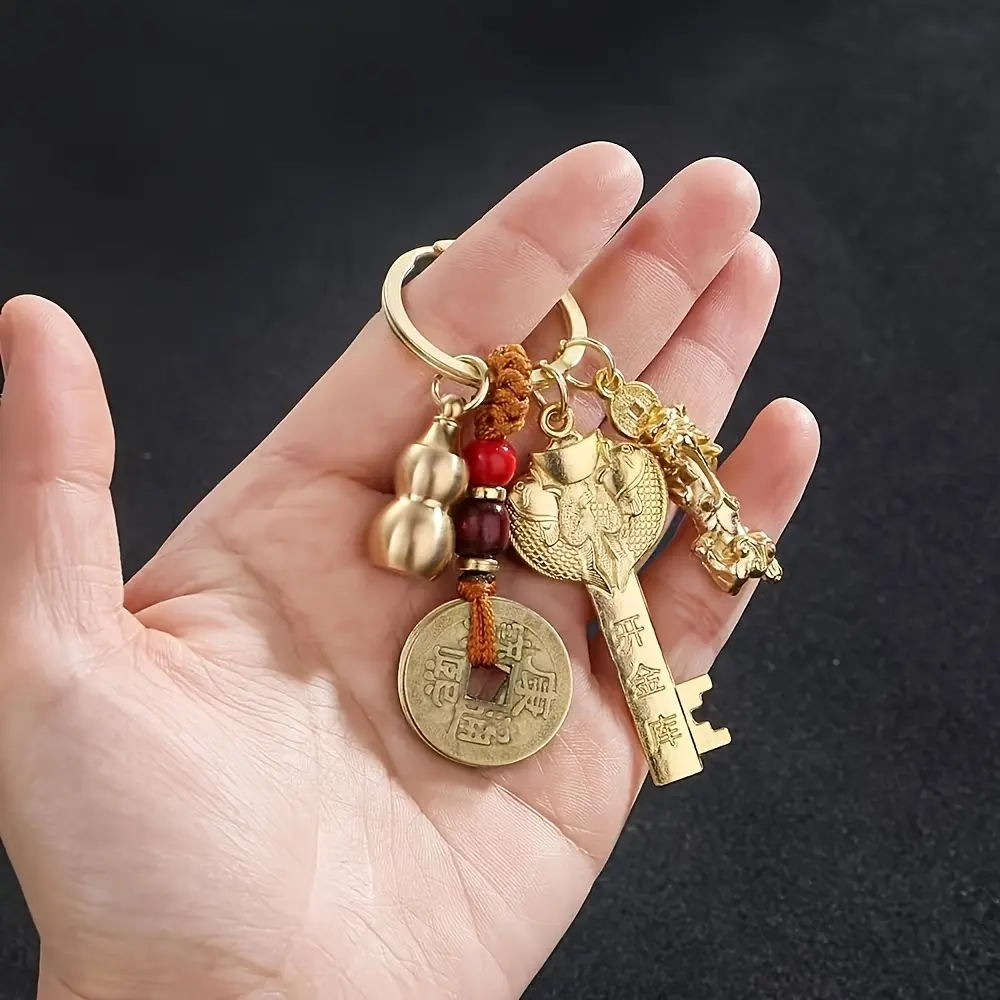 5-Piece Iron Alloy Metal Chinese Ethnic Feng Shui Talisman Keychain Set - Fashion Costume Jewelry Accessory with Blessing Motifs, Symbolic Charms, Talisman Shapes for Gifts & Events