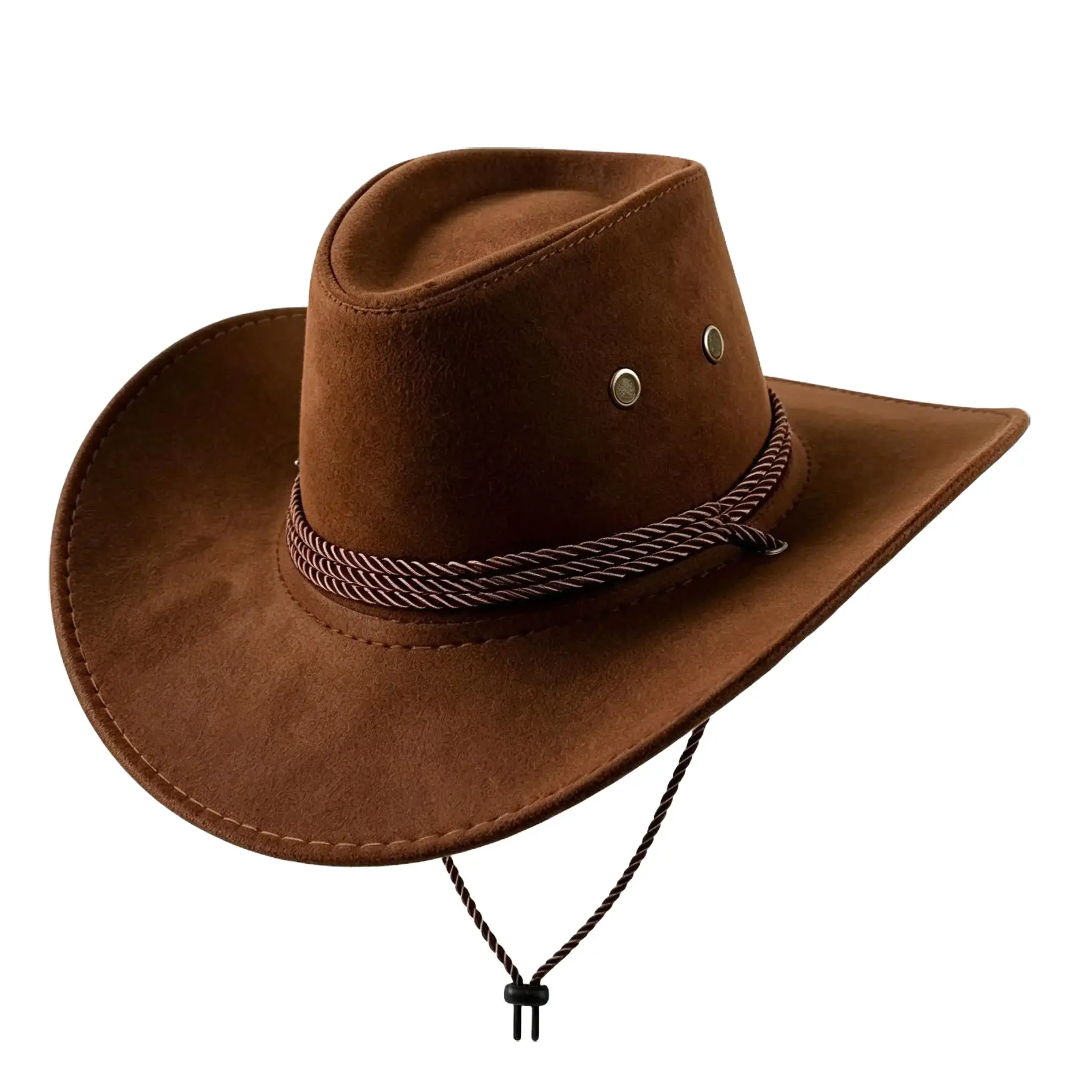 Unisex Suede Western Cowboy Hat, Wide Curved Brim Vintage Rodeo Hat with Braided Rope Band & Adjustable Chin Strap, Outdoor Travel Country Concert Costume Hat for Men Women High Quality Hat Classic Cowboy Hat