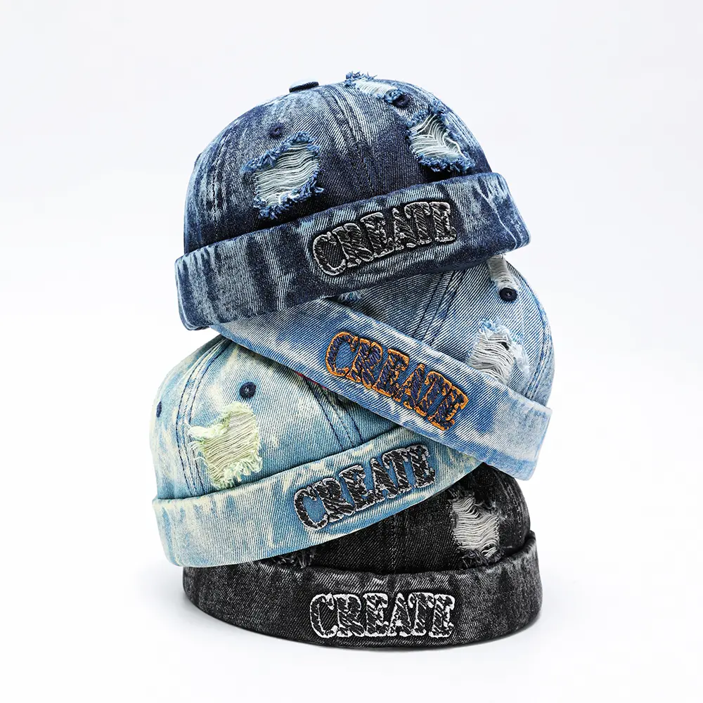 Retro denim docker cap, patchwork style, brimless design, no visor, leopard beanie hat, adjustable, street cool vintage Casual Hat Cotton Hat High Quality Hat