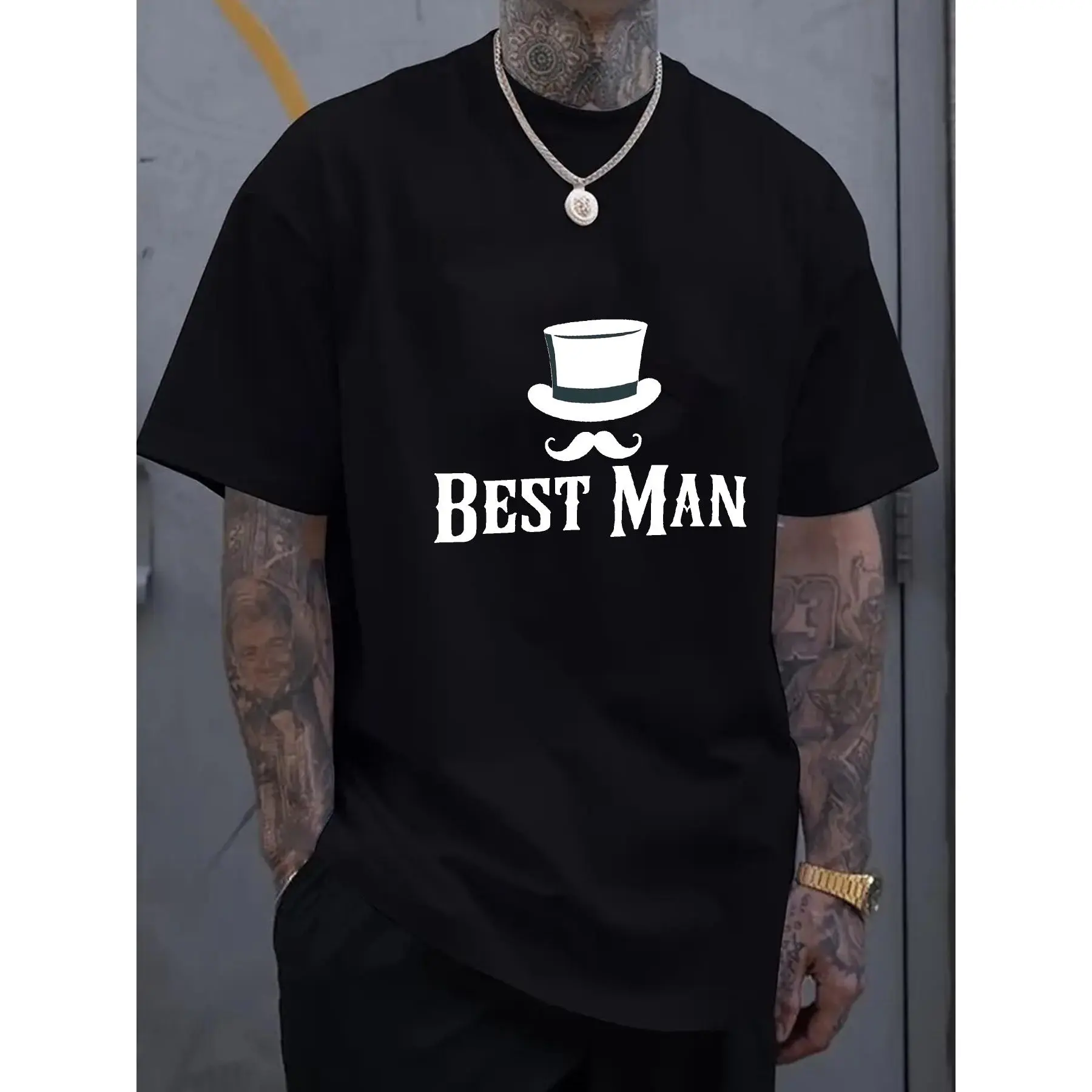 Men's Best for Man Tuxedo Print T-Shirt - Wedding Groomsmen Gift with Top Hat & Mustache Design, Short Sleeve Casual Crewneck Shirt for Bachelor Party, Prom, Formal Events - Machine Washable Black Groom Crew Apparel