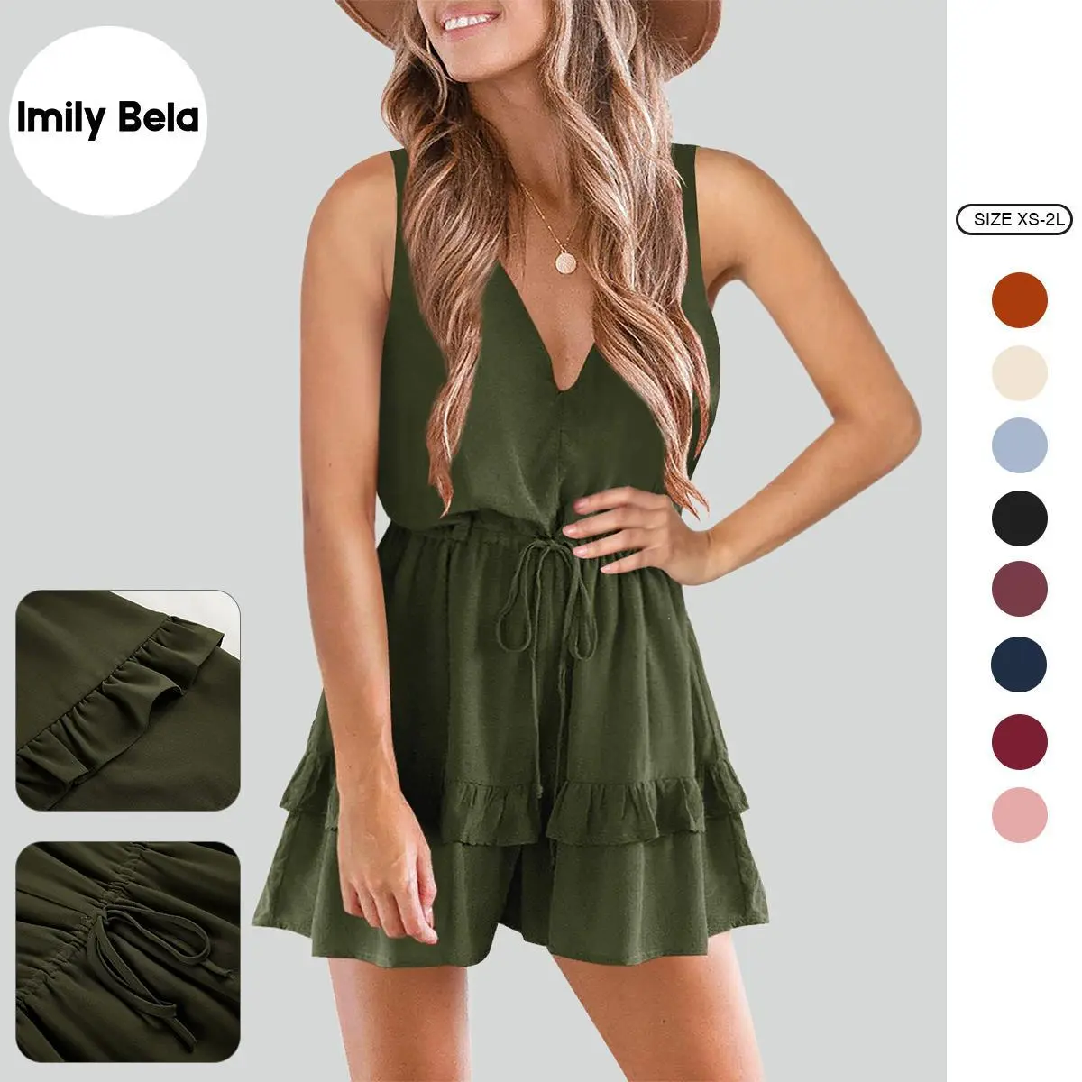 Imily Bela Womens V Neck Sleeveless Jumpsuit Beach Tank Rompers Flowy Ruffle Layered Playsuit RB6104