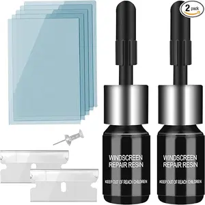 Windshield Crack Repair Kit, Windshield Repair Kit for Chips and Cracks, Glass Repair Fluid with 2 Bottles of Resin, Glass Repair Kit Windshield for Fixing Chips, Cracks, Bulls-Eye and Star-Shape Cack
