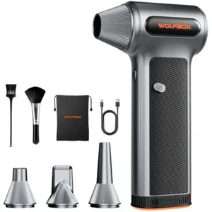 WOLFBOX MF200 Compressed Air Duster with Removable Battery & 4 Nozzles, Cordless 3-Speed Adjustable Mini Blower for Computer Keyboard, Car Cleaning, Home, and Outdoor Use - New
