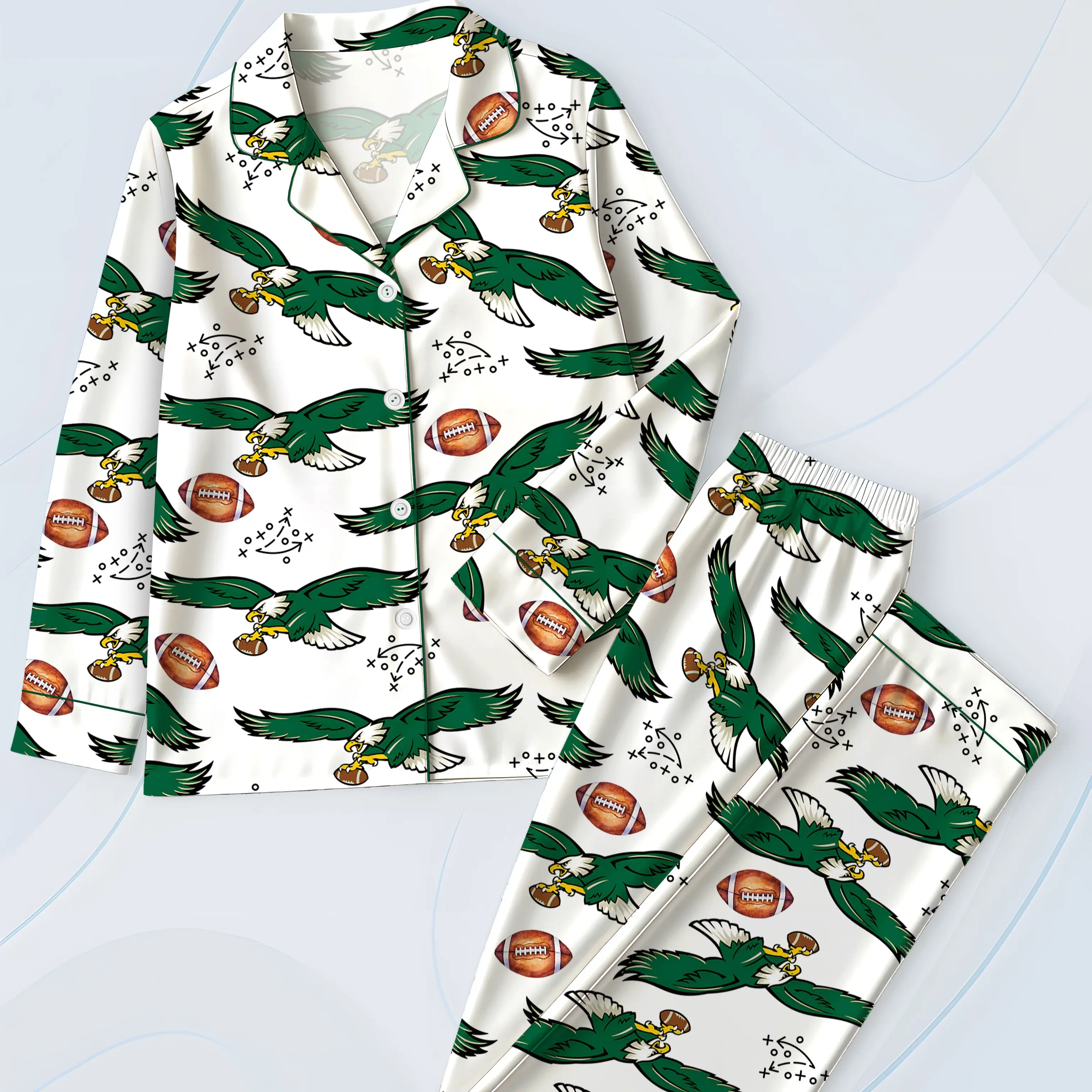 Women’s Eagles Football Print Pajama Set, Short-Sleeved V-Neck Sleepwear for All Seasons Button Front Pockets Comfortable All-Season Sleepwear