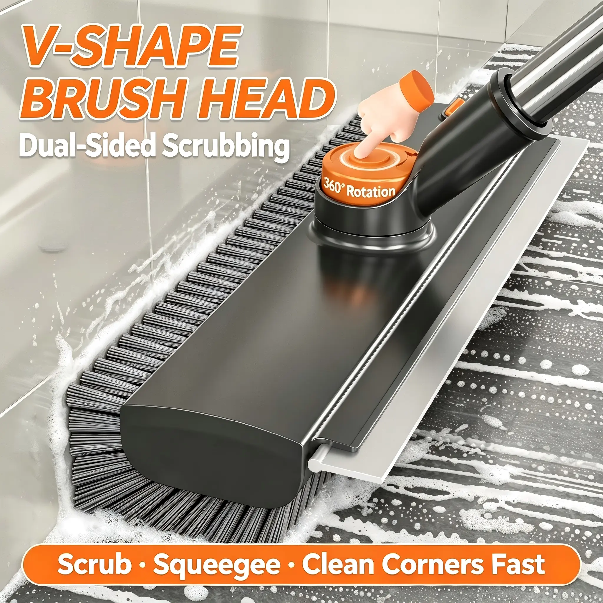 Floor Scrub Brush with Long Handle Length Adjustable, 3 in 1 Heavy-Duty Stiff 90° Bristle Floor Scrubber Broom with Squeegee, Cleaning Brush for Bathroom, Garage, Kitchen, Tile, Deck & Patio