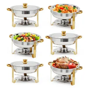 Gaomon 6-Piece Full-Size Sturdy 5QT Round Stainless Steel Chafing Dish Buffet Set, Handy Catering Chafer with Mirror-Shine Tray, Pans, Handles, Stackable Warmer and Fuel Holder for Party, Wedding, Six-Piece