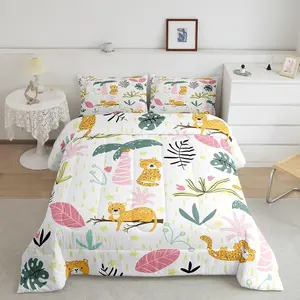 Leopard Designer Comforter Set,Twin Cute Leopard Designer Comforter Set,Cartoon Cheetah Print Comforter,Tropical Plants Duvet Set,Durable Quilt Set
